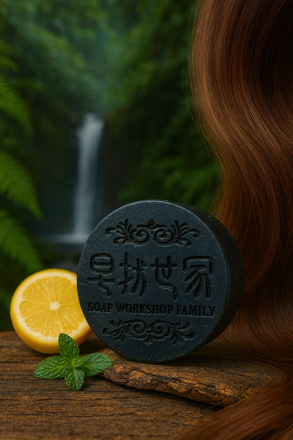 Shampoo sólido negro Soap Workshop Family junto a limón y menta
